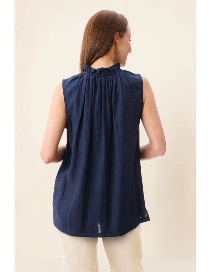 Frill neck sleeveless top in Navy image 5