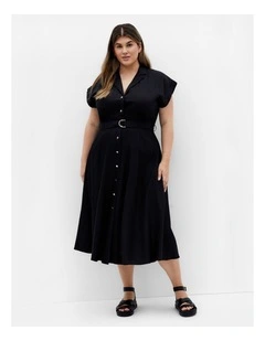 Liliana Linen Button Midi Dress in Black