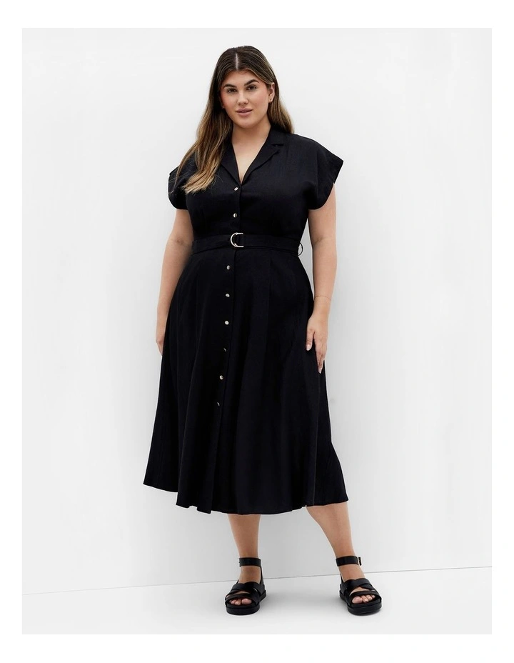 Liliana Linen Button Midi Dress in Black image 1