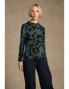 Soft Frill Detail Top - Indigo Chintz Print