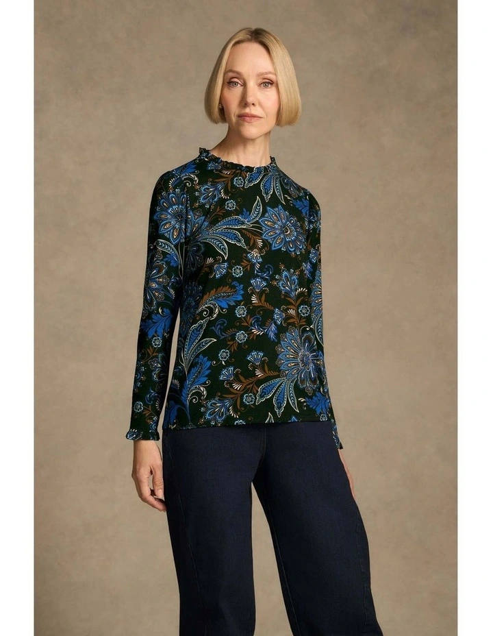 Soft Frill Detail Top - Indigo Chintz Print image 1