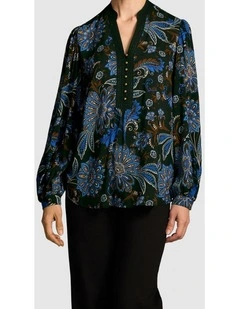 Notch Neck Blouse - Indigo Chintz Print