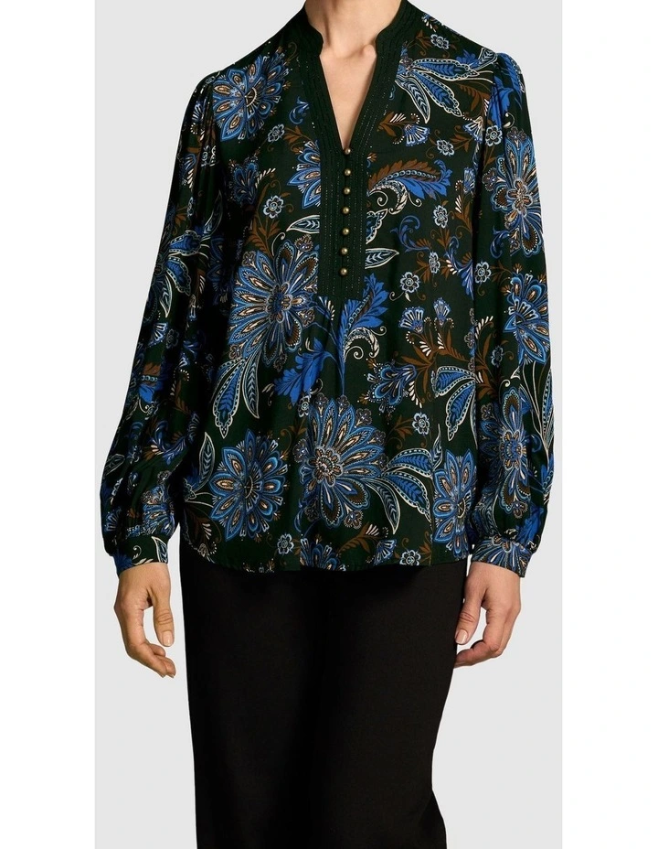 Notch Neck Blouse - Indigo Chintz Print image 1