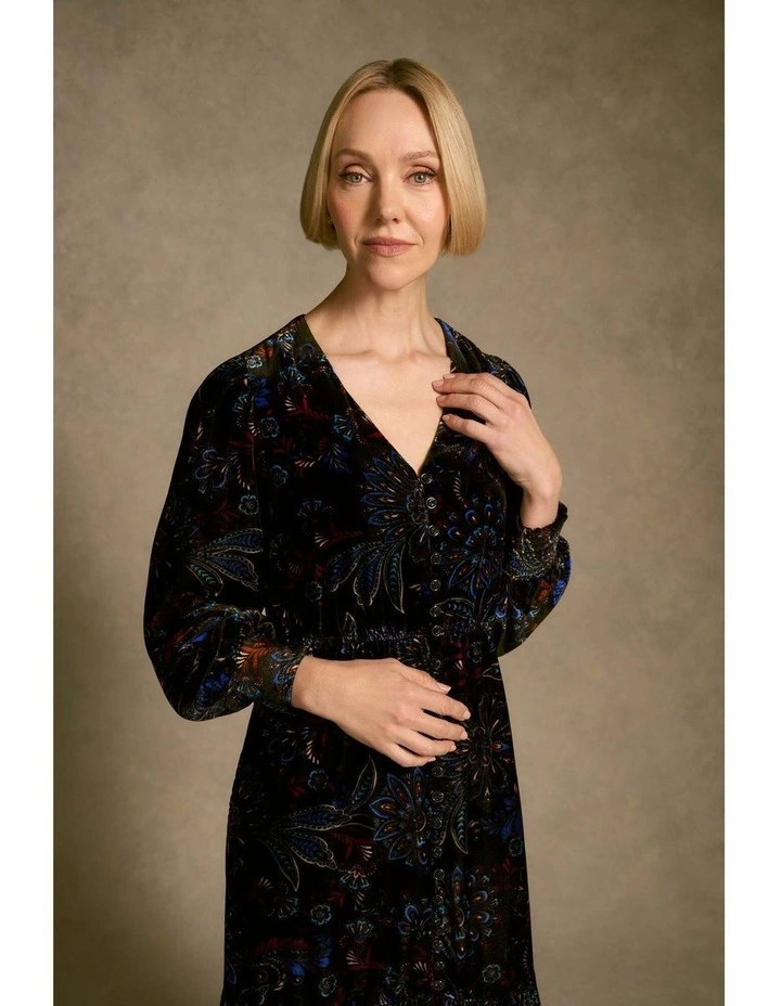 Printed Velvet Tier Dress - Indigo Chintz Print image 7