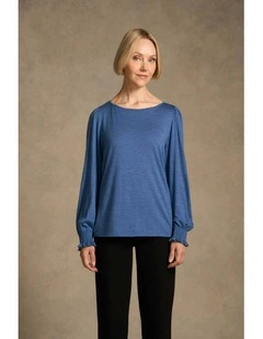 Shirred Cuff Merino Top - Bluebell Marle