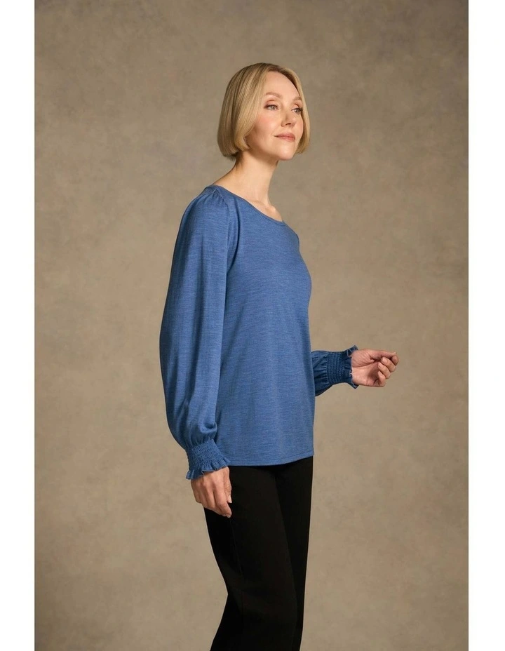 Shirred Cuff Merino Top - Bluebell Marle image 2