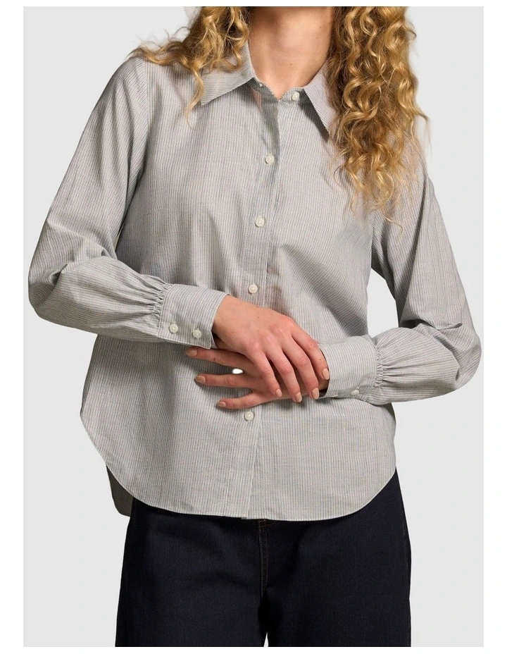 Lurex Stripe Shirred Shirt - Navy & White Pinstripe image 1