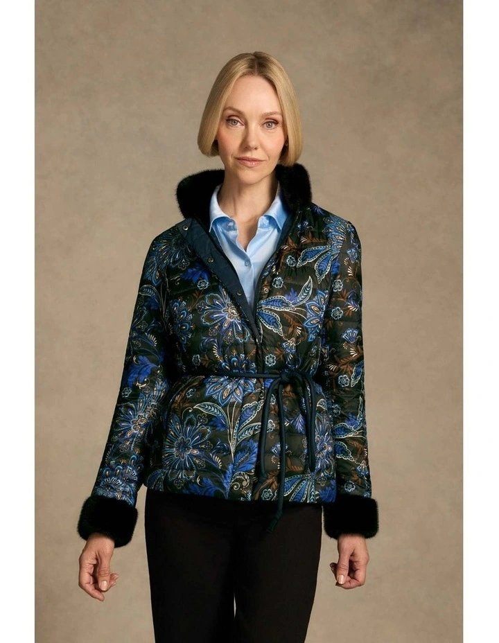 Fur Trim Reversible Puffer - Indigo Chintz Print image 1