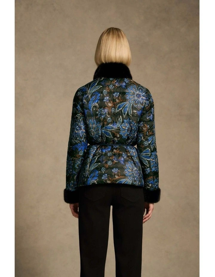Fur Trim Reversible Puffer - Indigo Chintz Print image 2