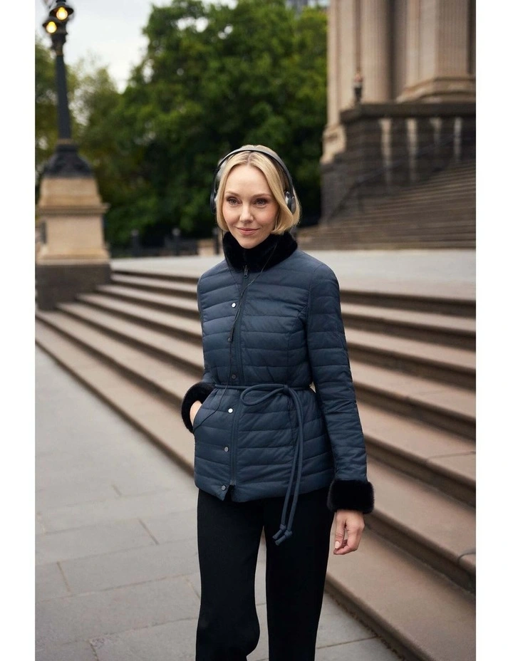 Fur Trim Reversible Puffer - Indigo Chintz Print image 3