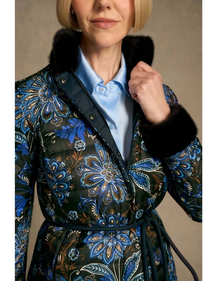 Fur Trim Reversible Puffer - Indigo Chintz Print image 5