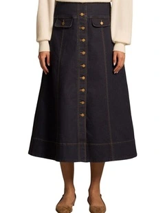 Button Front Denim Skirt - Dark Denim