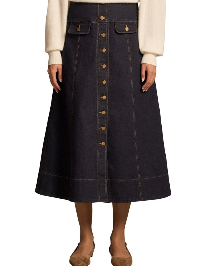 Button Front Denim Skirt - Dark Denim image 1