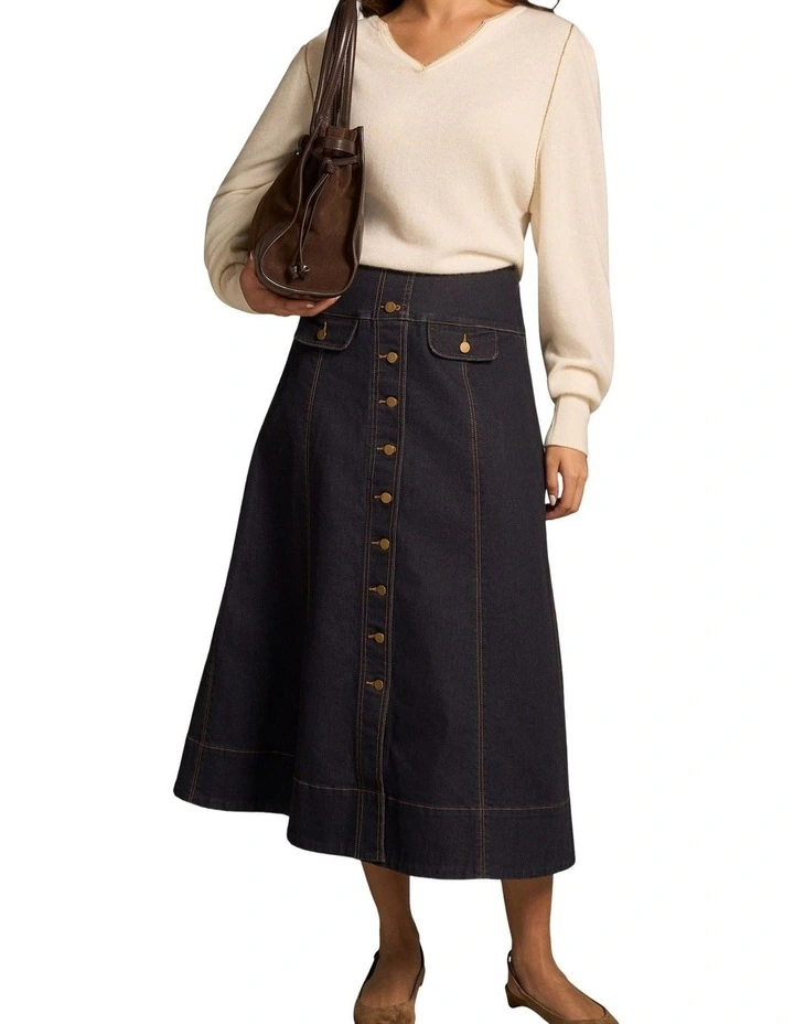 Button Front Denim Skirt - Dark Denim image 3