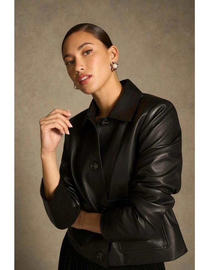 Buttoned Leather Jacket - Black image 6