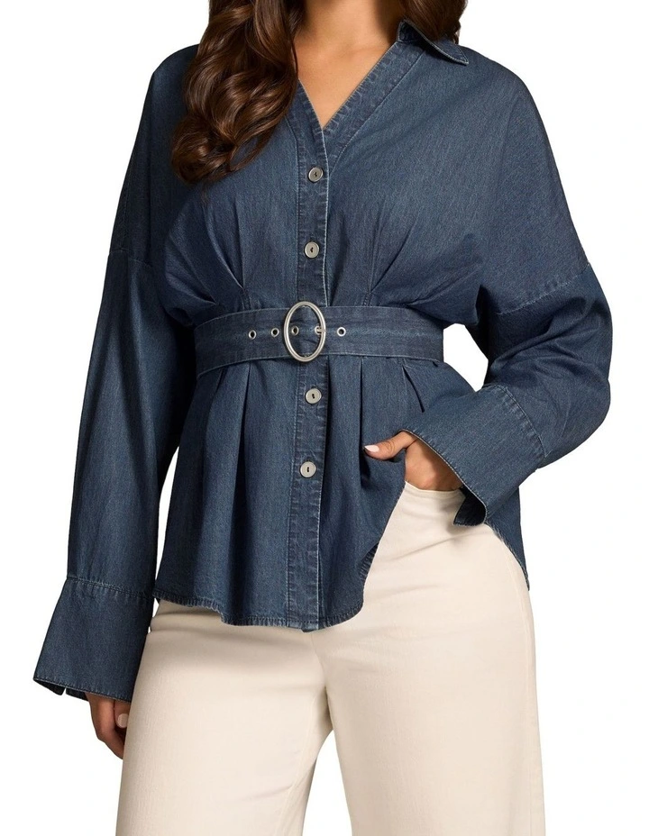 Chambray Belted Shirt - Dark Wash Denim image 1
