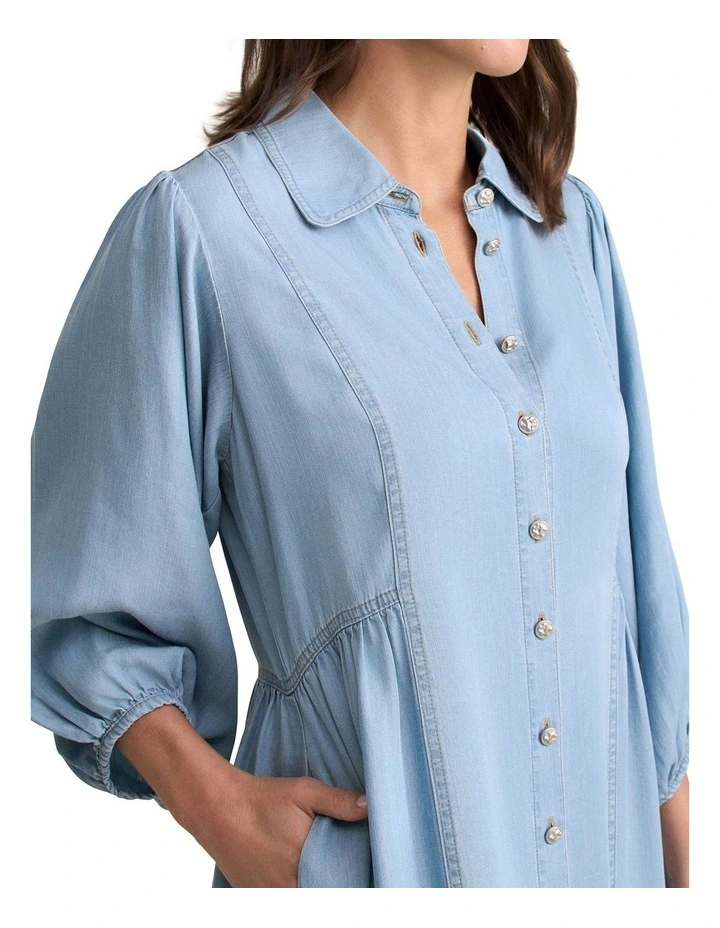 Chambray Puff Sleeve Dress - Light Chambray image 4