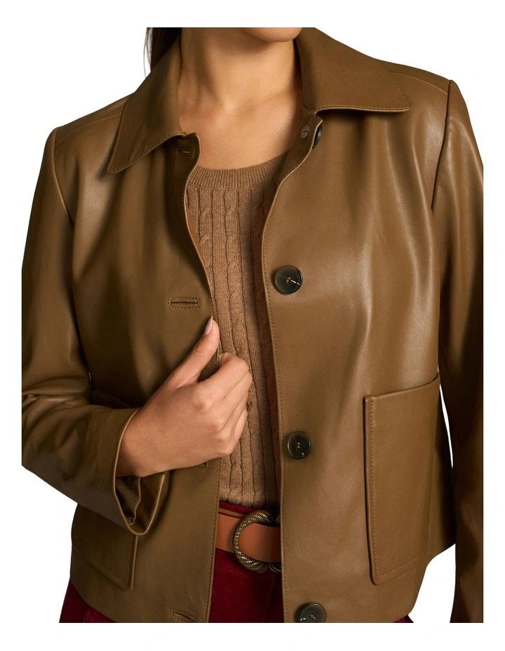 Buttoned Leather Jacket - Tan image 3