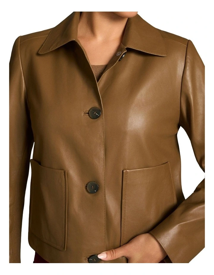 Buttoned Leather Jacket - Tan image 4