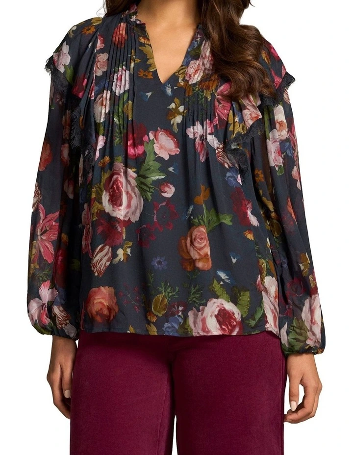Frill Detail Printed Blouse - Ink Botanic Print image 1