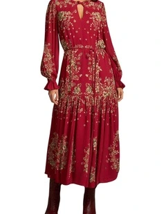 Knot Neck Midi Dress - Crimson Bloom Print