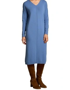 Merino V-Neck Knit Dress - Cornflower Blue