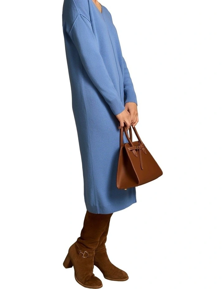 Merino V-Neck Knit Dress - Cornflower Blue image 5