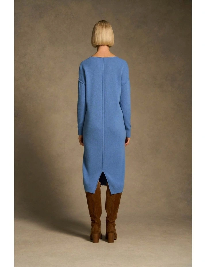 Merino V-Neck Knit Dress - Cornflower Blue image 6