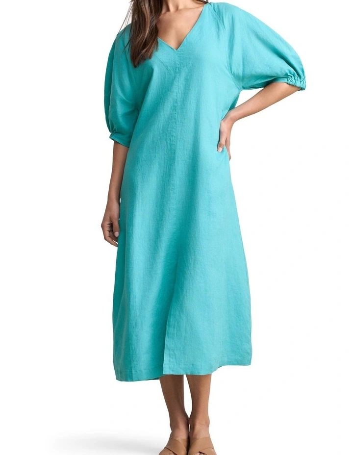 Raglan Sleeve Linen Dress in Aqua Blue image 1