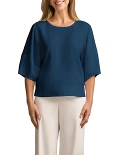 Linen Button Back Top in Navy Delave