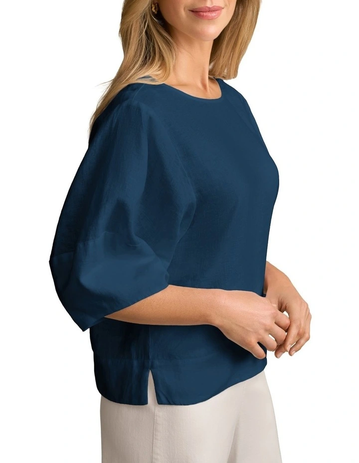 Linen Button Back Top in Navy Delave image 3