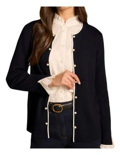 Contrast Rib Cardigan - French Navy / White