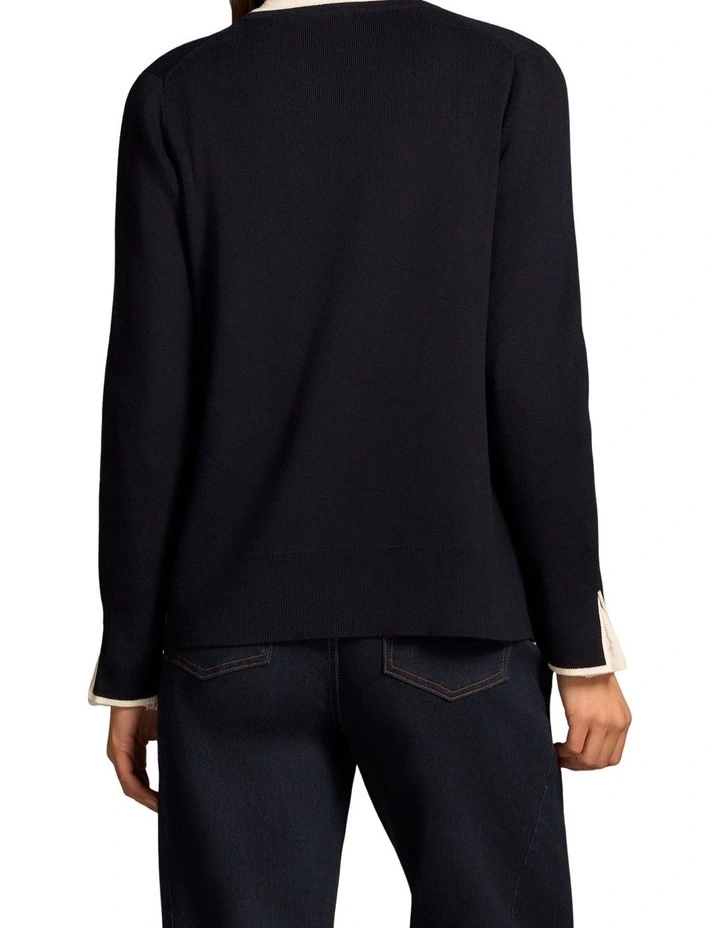 Contrast Rib Cardigan - French Navy / White image 2