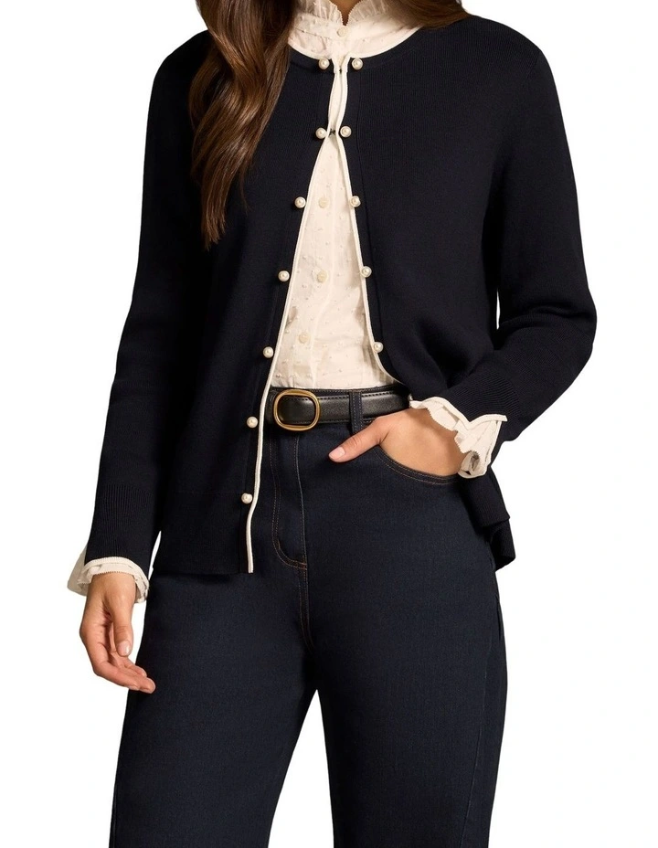 Contrast Rib Cardigan - French Navy / White image 3