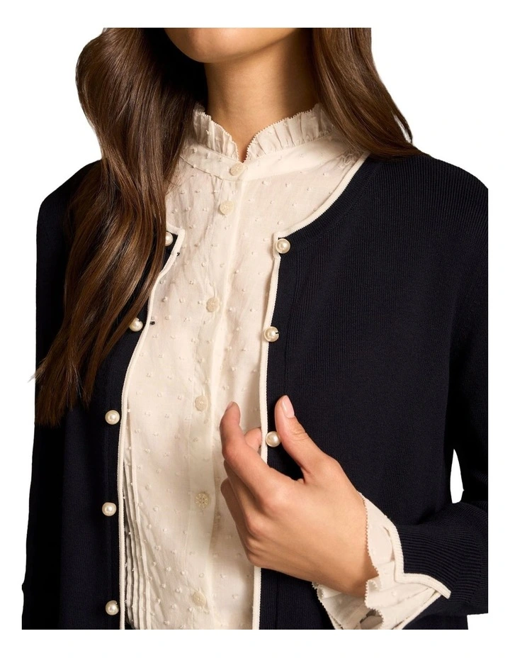 Contrast Rib Cardigan - French Navy / White image 4