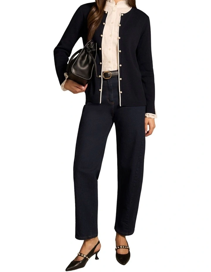 Contrast Rib Cardigan - French Navy / White image 5