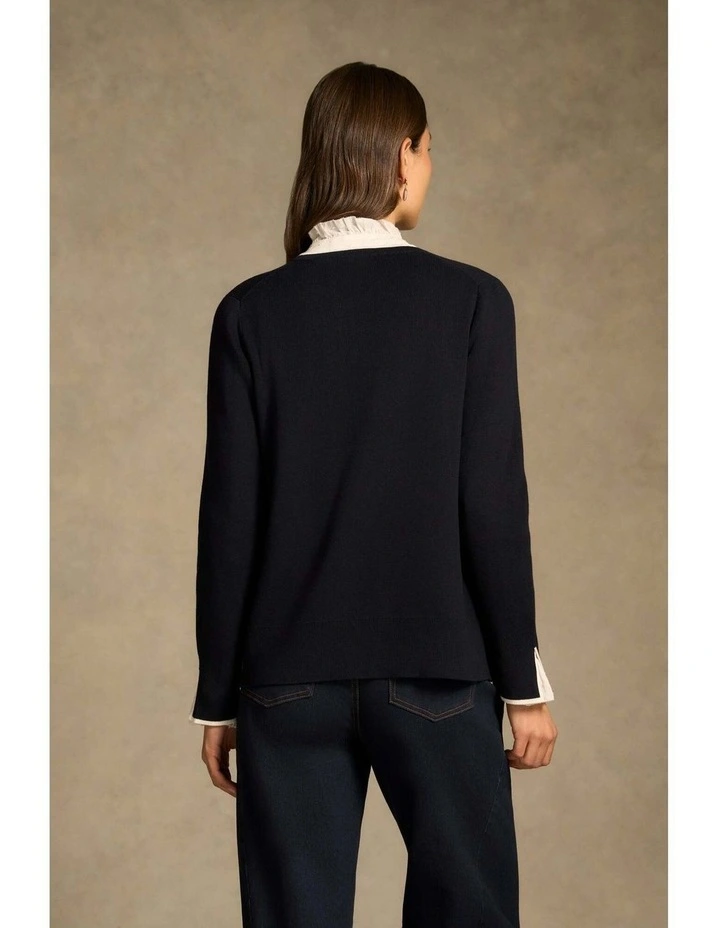 Contrast Rib Cardigan - French Navy / White image 6