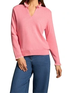Ruffle Trim Wool Jumper - Rose Pink