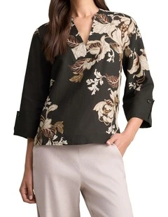 Relaxed Printed Blouse - Black Foliage Print