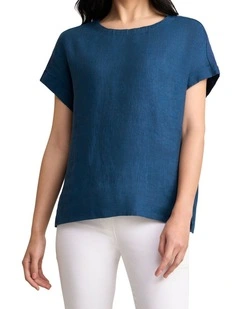 Linen Button Back Top - Navy Delave