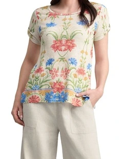 Twist Sleeve Linen T-Shirt - Paradise Print