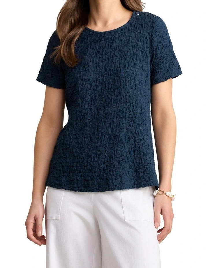 Crinkle Cotton T-Shirt - Navy image 1