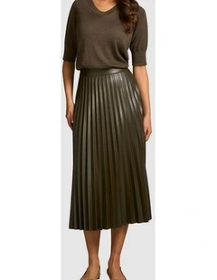 Pleated Faux Leather Skirt in Olive