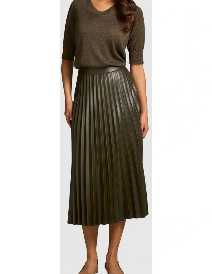 Pleated Faux Leather Skirt in Olive image 1