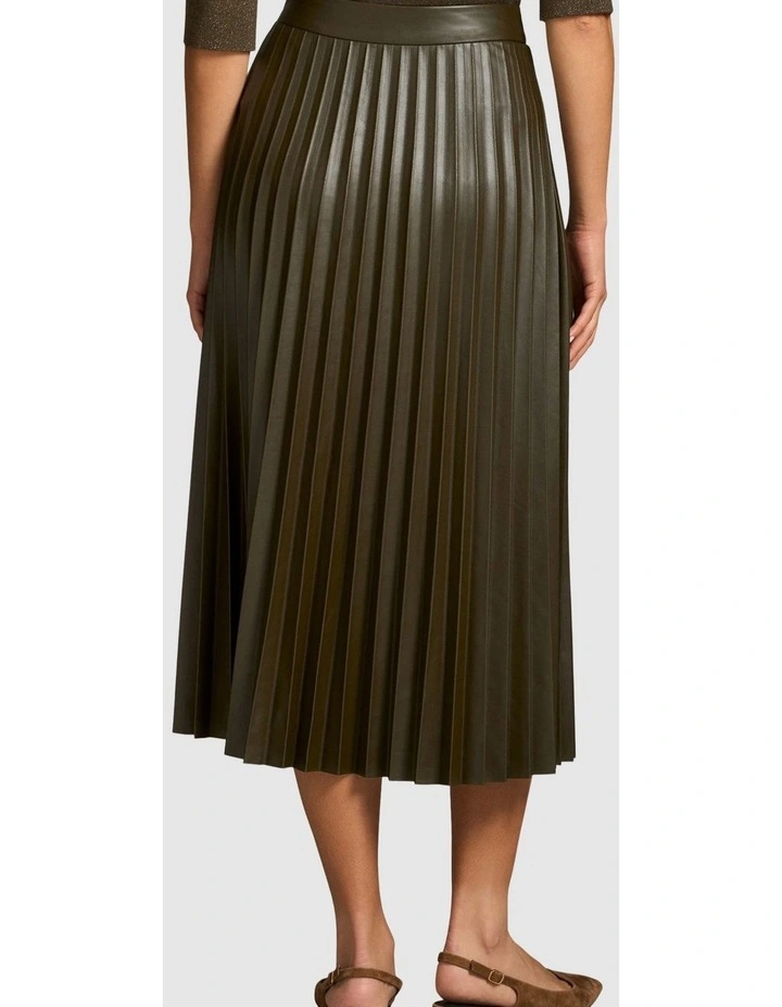 Pleated Faux Leather Skirt in Olive image 2
