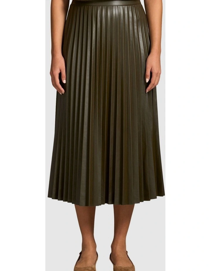 Pleated Faux Leather Skirt in Olive image 3