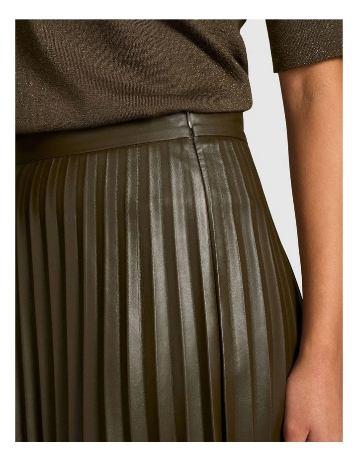Pleated Faux Leather Skirt in Olive image 4