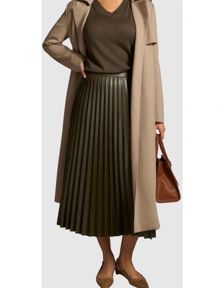 Pleated Faux Leather Skirt in Olive image 5
