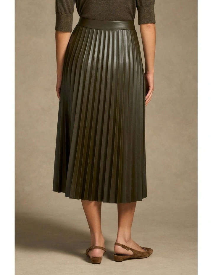 Pleated Faux Leather Skirt in Olive image 6