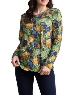 Long Sleeve Button Detail T-Shirt - Peony Print
